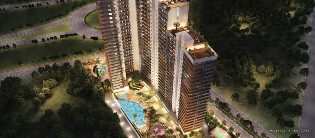 Aerial render of the towers and pool deck at F.Premiere on the Yamuna Expressway, Greater Noida