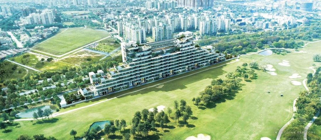 Aerial render of the low rise Page Three Residences beside the fairways at Jaypee Greens, Greater Noida