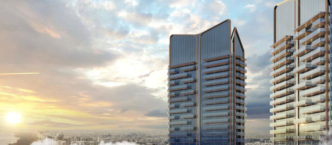 Render of the twin towers at Trump Towers Noida at sunset